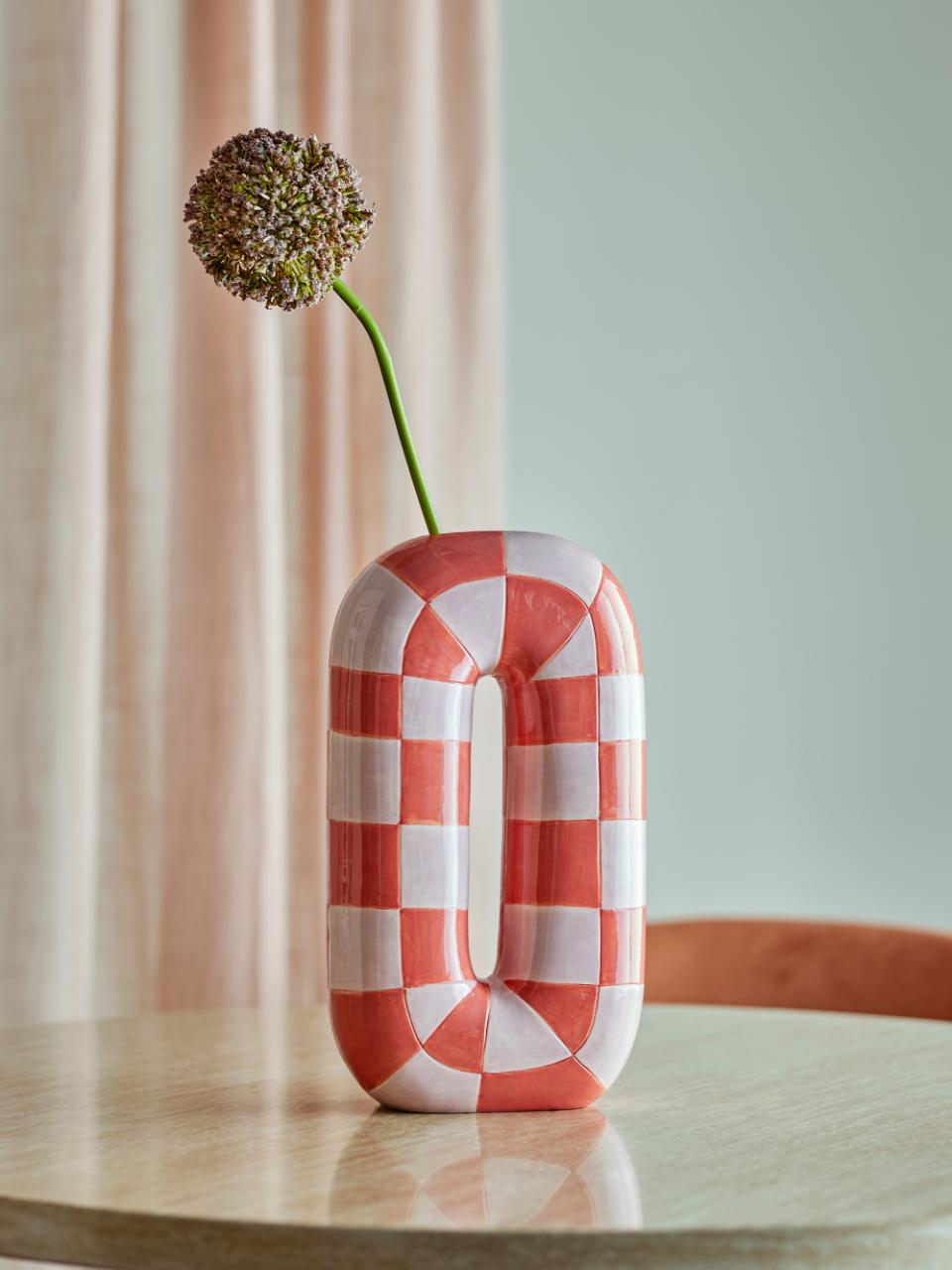 Mae Rounded Check Vase - Pink, Orange - Ceramic