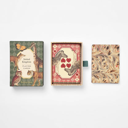 Roomytown Single Deck Animal Kingdom Playing Cards in green box with fox, giraffe, owl, tiger, and butterfly, zebra 4 of hearts, and marbled backs.