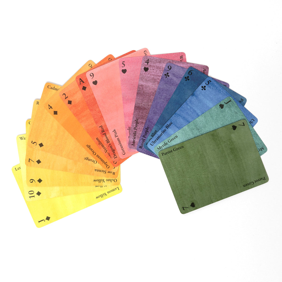 Roomytown Single Deck Playing Cards, fanned to reveal a rainbow of paint swatches from yellow to green, each labeled with a color name.