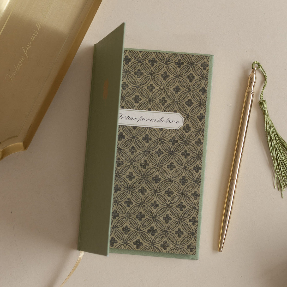 Roomytown Slim Lined Notebook, green patterned cover with &
