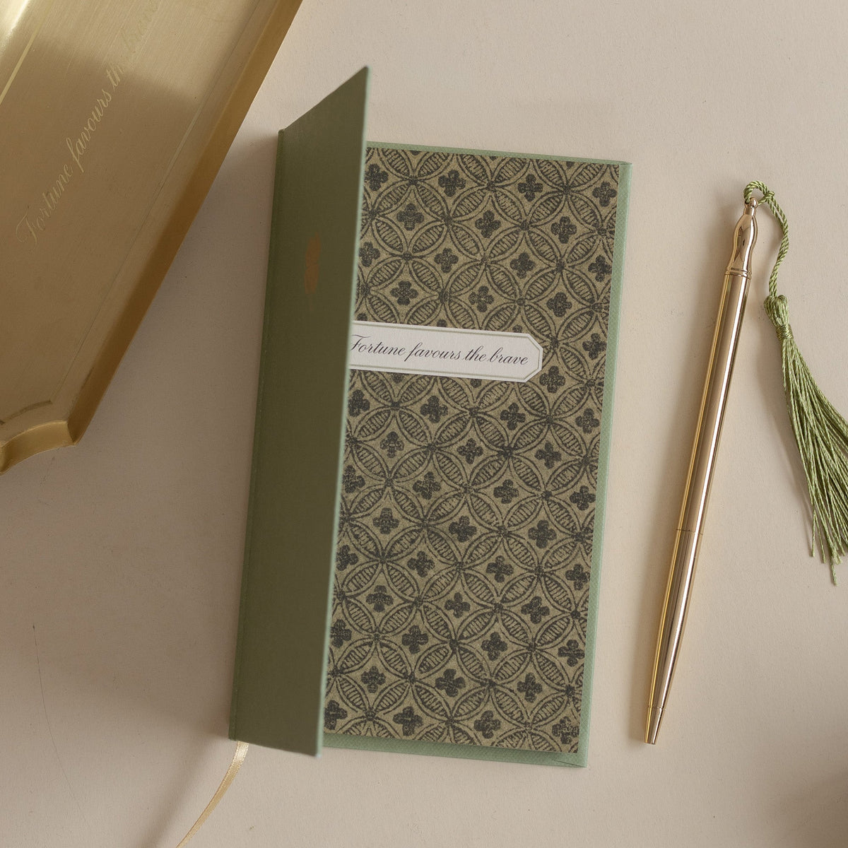 Roomytown Slim Lined Notebook, green patterned cover with &
