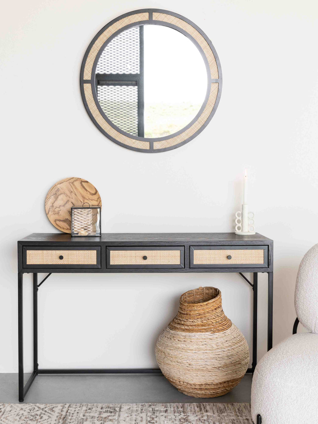 Armie Console Table in Black And Rattan