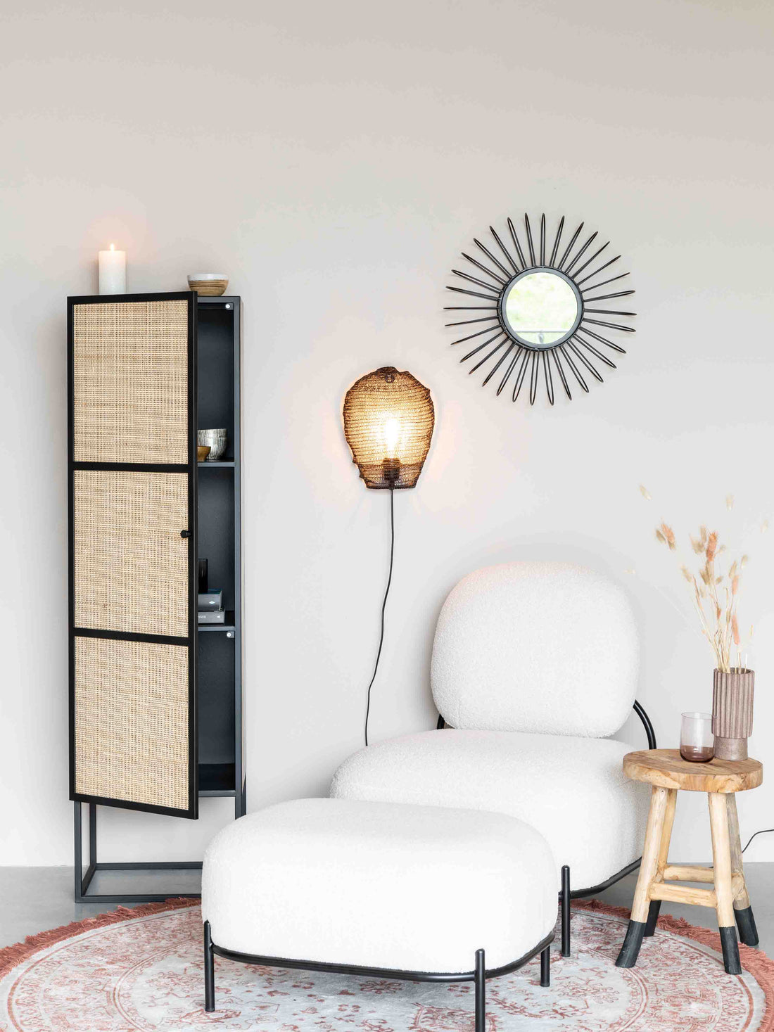 Armie Single High Cabinet in Black And Rattan