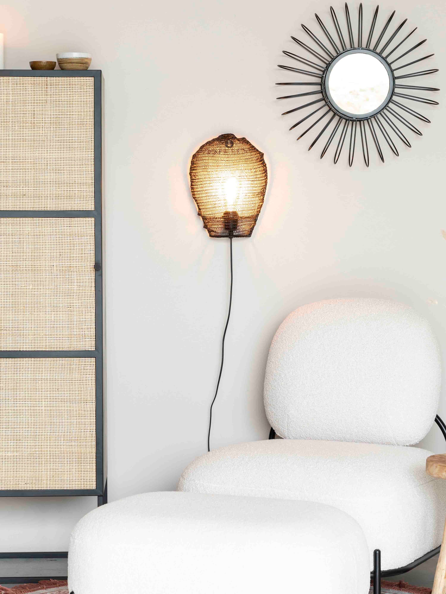 Armie Single High Cabinet in Black And Rattan