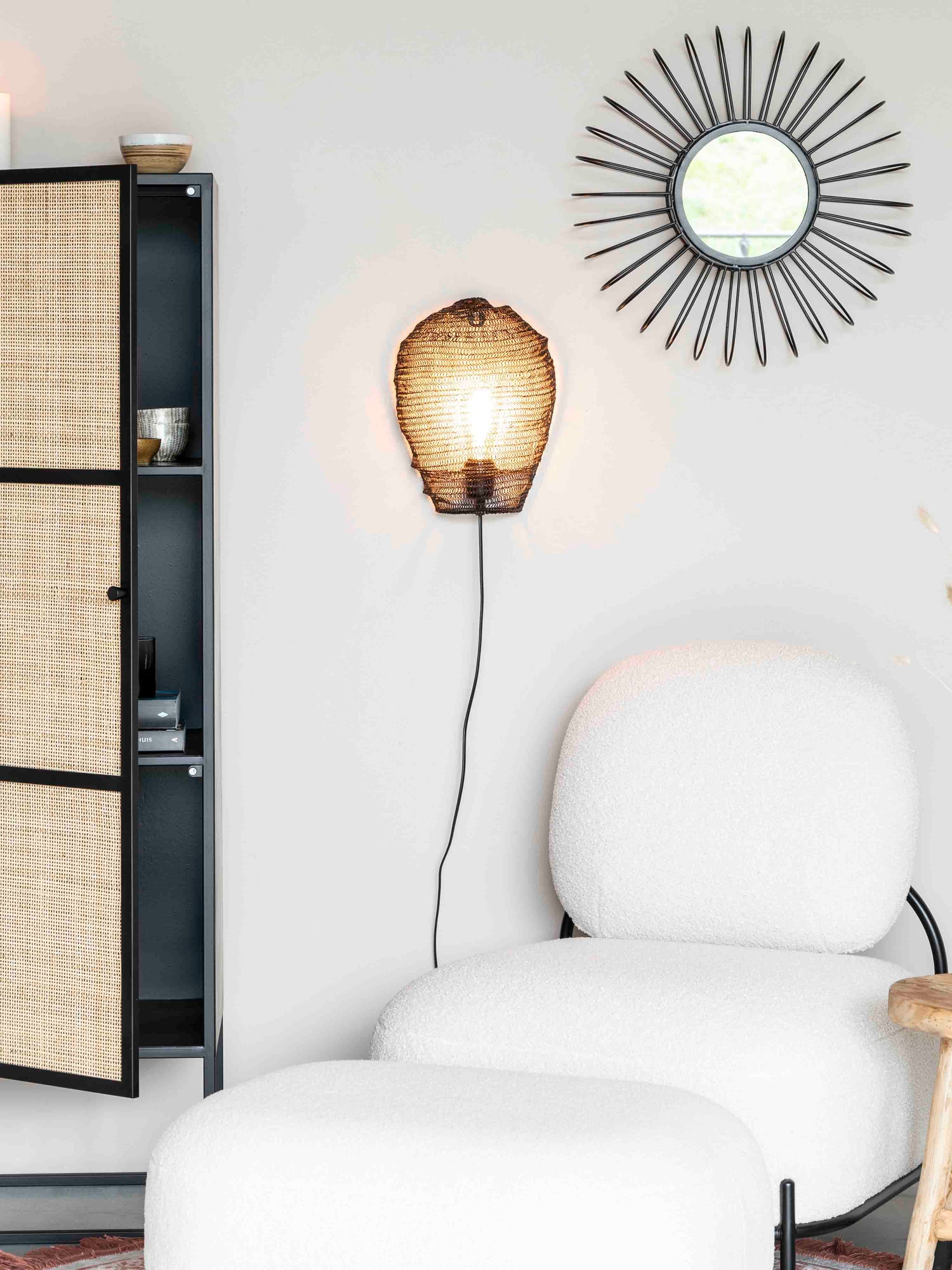 Armie Single High Cabinet in Black And Rattan