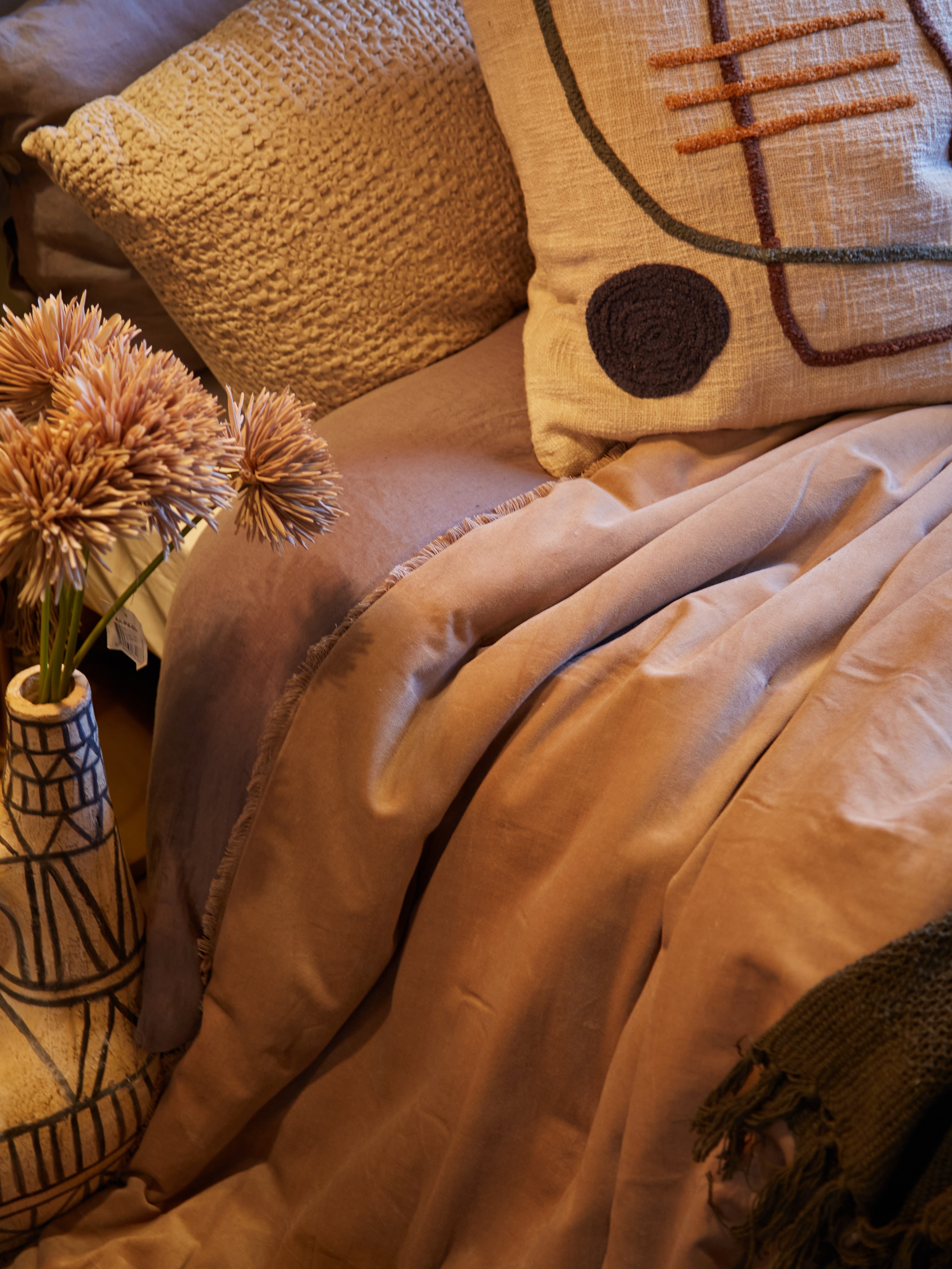 Fara Velvet Fringed Bedspread in Sesame