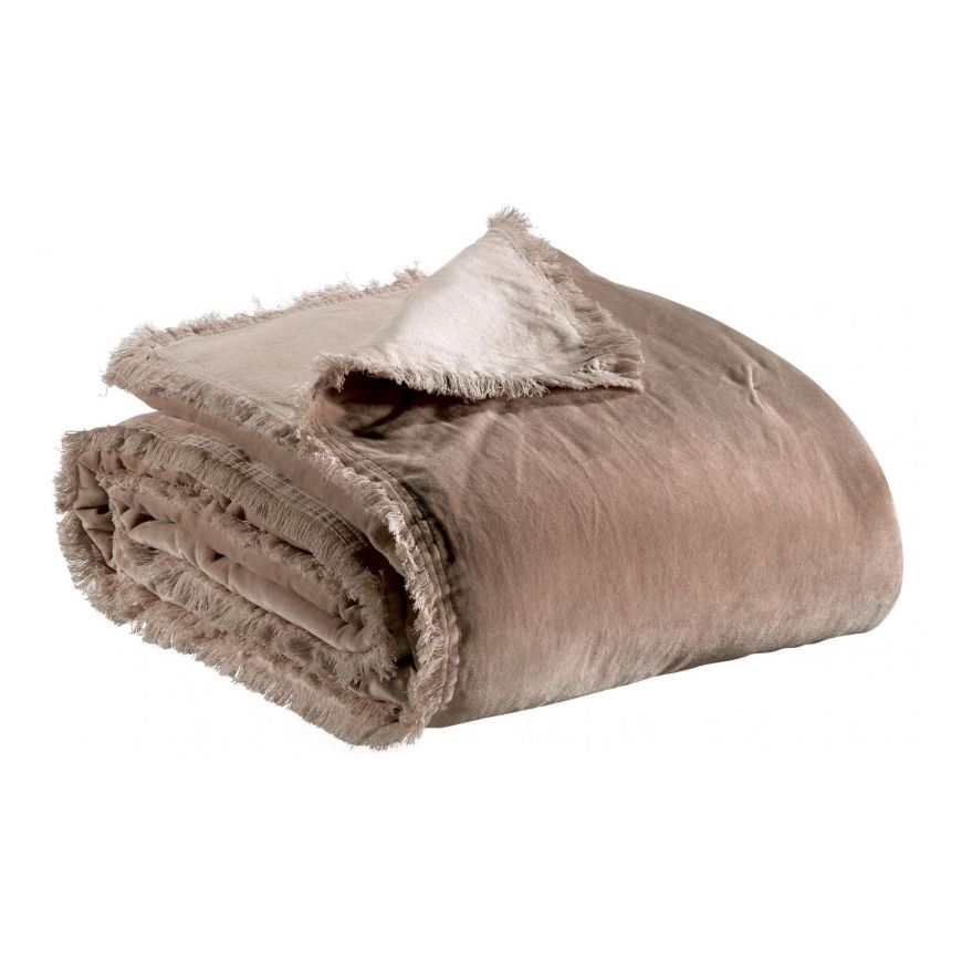Fara Velvet Fringed Bedspread in Sesame